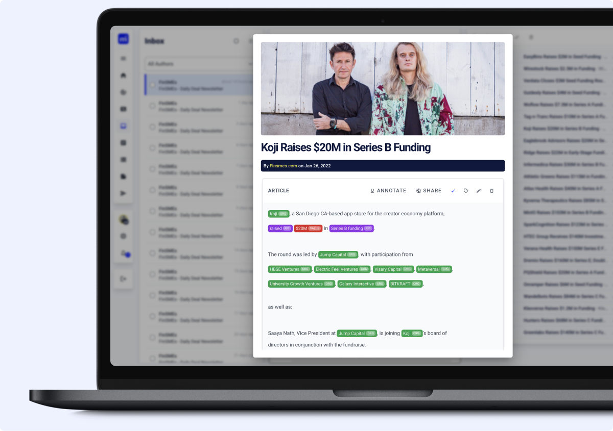 Market Intelligence AI models that identify relevant organizations, business and financial KPIs, KPI values and dates.